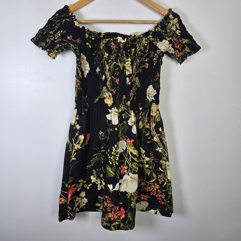 H&M Smocked Off Shoulder Floral Dress Black Multi Size S - Picture 2 of 6